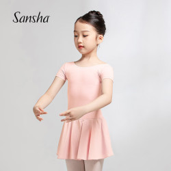 SANSHA 芭蕾舞儿童带裙连体服女童短袖练功服舞蹈考级服装Y3554粉XL