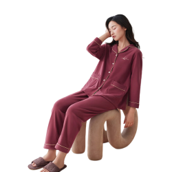 安之伴 纯棉开衫长袖长裤家居服套装 酒红 S
