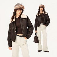 自巧 新品上市！复古游牧风棕色短款毛领pu皮衣女2026冬季新款加厚外套 乌木棕 S