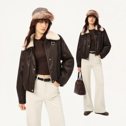 自巧 新品上市！复古游牧风棕色短款毛领pu皮衣女2026冬季新款加厚外套 乌木棕 S