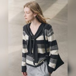 b+ab it b+ab 2026秋季新款条纹毛针织衫女v领学院风长袖开衫上衣外穿