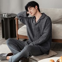 邦朵 男士轻暖舒适纯棉夹层家居服套装 黑色