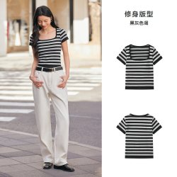 森马 打底衫女款时髦复古条纹短袖T恤方圆领内搭春季上衣修身显瘦