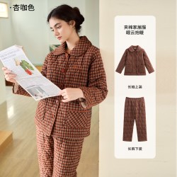秋鹿 针织三夹棉睡衣女款秋冬季纯棉加厚保暖扣领家居服套装