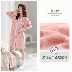 家乐芬 睡裙女士睡衣春秋款秋季长袖纯棉薄款开衫长款衬衫大码休闲