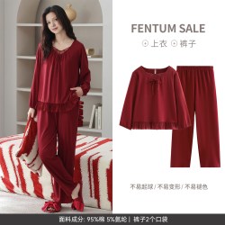 芬腾 红色女士纯棉睡衣秋季新款本命年套头V领家居服结婚礼物套装
