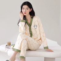 浪莎 睡衣女士春夏款2026新款纯棉开衫长袖V领可外穿家居服套装HJ