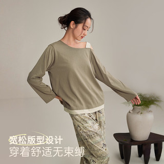 安之伴 100%纯棉斜肩假两件家居服套装 草灰绿 M