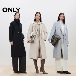 ONLY 2025冬季新款山羊绒绵羊毛双面呢外套翻领中长款毛呢大衣女