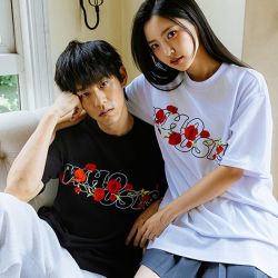WHOOSIS 玫瑰刺绣新中式短袖t恤美式休闲复古男女街头