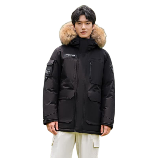 坦博尔 貉子毛领连帽工装羽绒服 黑色 S(160)