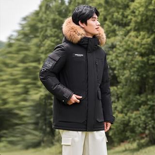 坦博尔 貉子毛领连帽工装羽绒服 黑色 S(160)