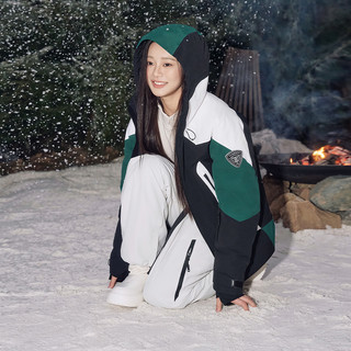 坦博尔 TEF550539D 拼色连帽厚羽绒服 黑绿白 XL