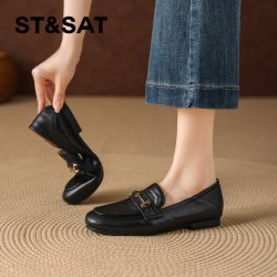 星期六 ST&SAT 黑色乐福鞋女2026新款英伦时尚通勤休闲踩跟一脚蹬豆豆单鞋