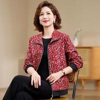 台格 春秋季气质妈妈装中老年装翻领拉链印花长袖休闲百搭夹克外套女
