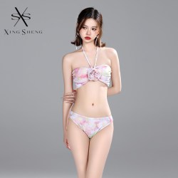 型盛 粉色新款bikini性感比基尼三件套分体纯欲大长裙沙滩海边度假泳衣