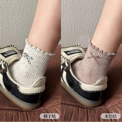 优足飘絮 可爱提花袜子女花边蝴蝶结短袜春秋款纯色吸汗透气中筒袜2025新款