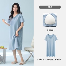 三枪 夏季带胸垫家居服薄款纯棉蕾丝宽松中长裙全棉女士带bra睡裙
