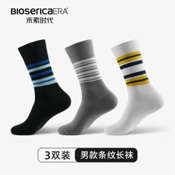 禾素时代 袜子男士抗菌防臭袜春秋季中筒透气吸汗潮流条纹休闲袜