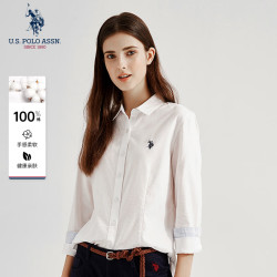 U.S. POLO ASSN. 长袖衬衫女纯色防走光商务休闲纯棉白衬衣春秋通勤翻领女外套上衣
