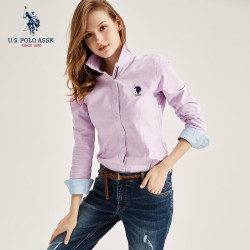 U.S. POLO ASSN. 长袖衬衫女士纯棉休闲衬衣刺绣修身舒适防走光百搭女装上衣