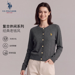 U.S. POLO ASSN. 开衫毛衣女外穿秋冬纯色含羊毛保暖针织衫女士宽松休闲百搭外套