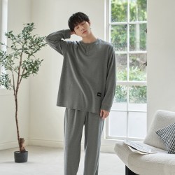 达尔丽 柔软睡衣男秋纯棉长袖2025新款休闲圆领提花格纹家居服套装