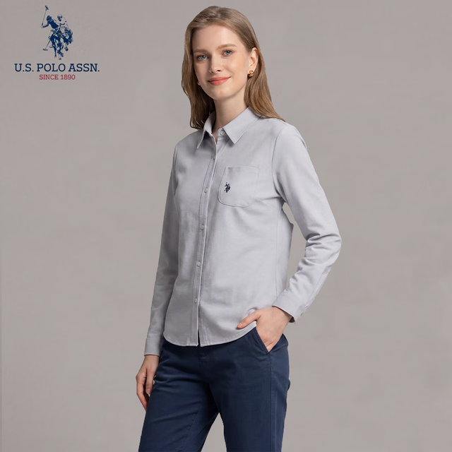 U.S. POLO ASSN. 长袖衬衫女通勤打底衫商务纯棉免烫衬衣 中灰色 M
