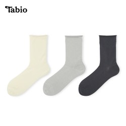 Tabio 卷边袜子女春秋透气百搭日系jk白色配小皮鞋堆堆袜中筒袜3双