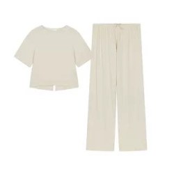 内外 棉莫后开衩短袖/短裤/抽绳腰直筒裤睡衣套装女款家居服