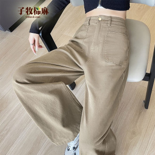 子牧棉麻 高腰垂感直筒休闲裤 卡其色 S