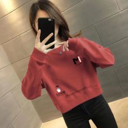 瑶朵仪 卫衣100%纯棉圆领短款女小个子春秋宽松显瘦慵懒风高腰上衣A绿色