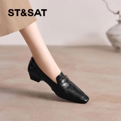 星期六 ST&SAT 黑色真皮乐福鞋女方头小金扣低跟粗跟复古通勤一脚蹬小皮鞋