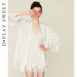 dplaysweet 轻奢性感白色蕾丝缎面睡袍女士新款晨袍睡衣套装家居服
