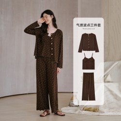达尔丽 柔软纯棉带胸垫睡衣女春秋长袖三件套吊带新款花卉家居服薄