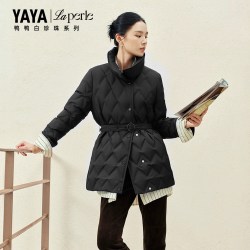YAYA 鸭鸭白珍珠系列鹅绒服女中长款冬季新款收腰轻薄羽绒服