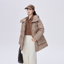 艾莱依 中长款鹅绒羽绒服女时尚冬季新款格纹气质加厚防寒保暖外套