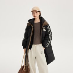 艾莱依 羽绒服女中长款时尚冬季新款假两件条纹拼接加厚气质外套潮