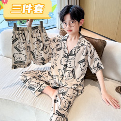 童话课堂 男童睡衣夏款冰丝薄款三件套大童男孩青少年2026新款儿童装家居服 全身小熊棕色 160