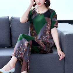 顿尼科 中老年妈妈棉绸女士睡衣套装时尚可外穿大码春夏季短袖人棉家居服