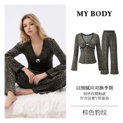 MY BODY 2026秋季豹纹睡衣女蕾丝V领修身显瘦带胸垫家居服