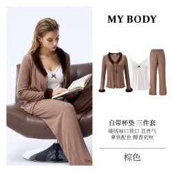 MY BODY 秋季睡衣带胸垫亲肤软糯舒适仿貂绒吊带开衫三件套