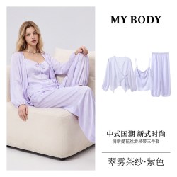 MY BODY 2026秋春新款睡衣女长袖V领吊带开衫三件套家居服