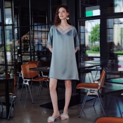 美标 19姆米重磅真丝短袖睡裙女春夏100%桑蚕丝睡衣蕾丝凉感家居服