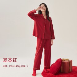 安之伴 莫代尔带胸垫红色睡衣结婚新婚情侣女春秋家居服