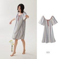 安之伴 睡衣女夏天纯棉薄款短袖时尚复古圆领睡裙宽松