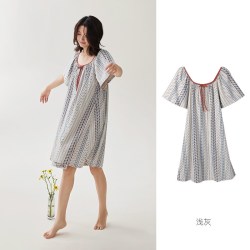 安之伴 睡衣女夏天纯棉薄款短袖时尚复古圆领睡裙宽松
