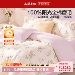 水星家纺 A类抑菌全棉磨毛四件套纯棉秋冬保暖床单枕套被罩套件 繁花·花映熙磨毛四件套1.8米床