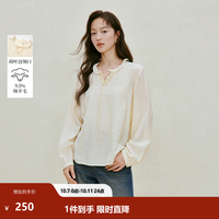 茵曼 法式睫毛蕾丝荷叶边灯笼袖衬衫2026秋季女装新款显瘦羊毛上衣 米杏色 S