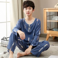 春里春外 夏季青少年绵绸套装棉绸睡衣男士空调家居服薄款中大童学生长袖男
